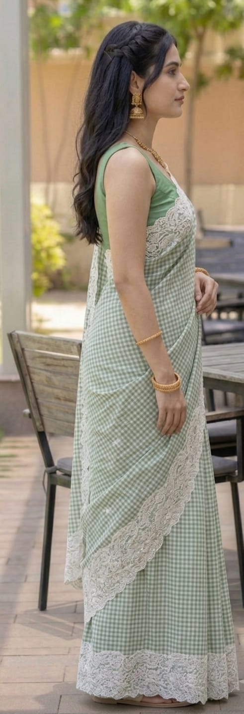 CHECKED SAREE WITH LACE