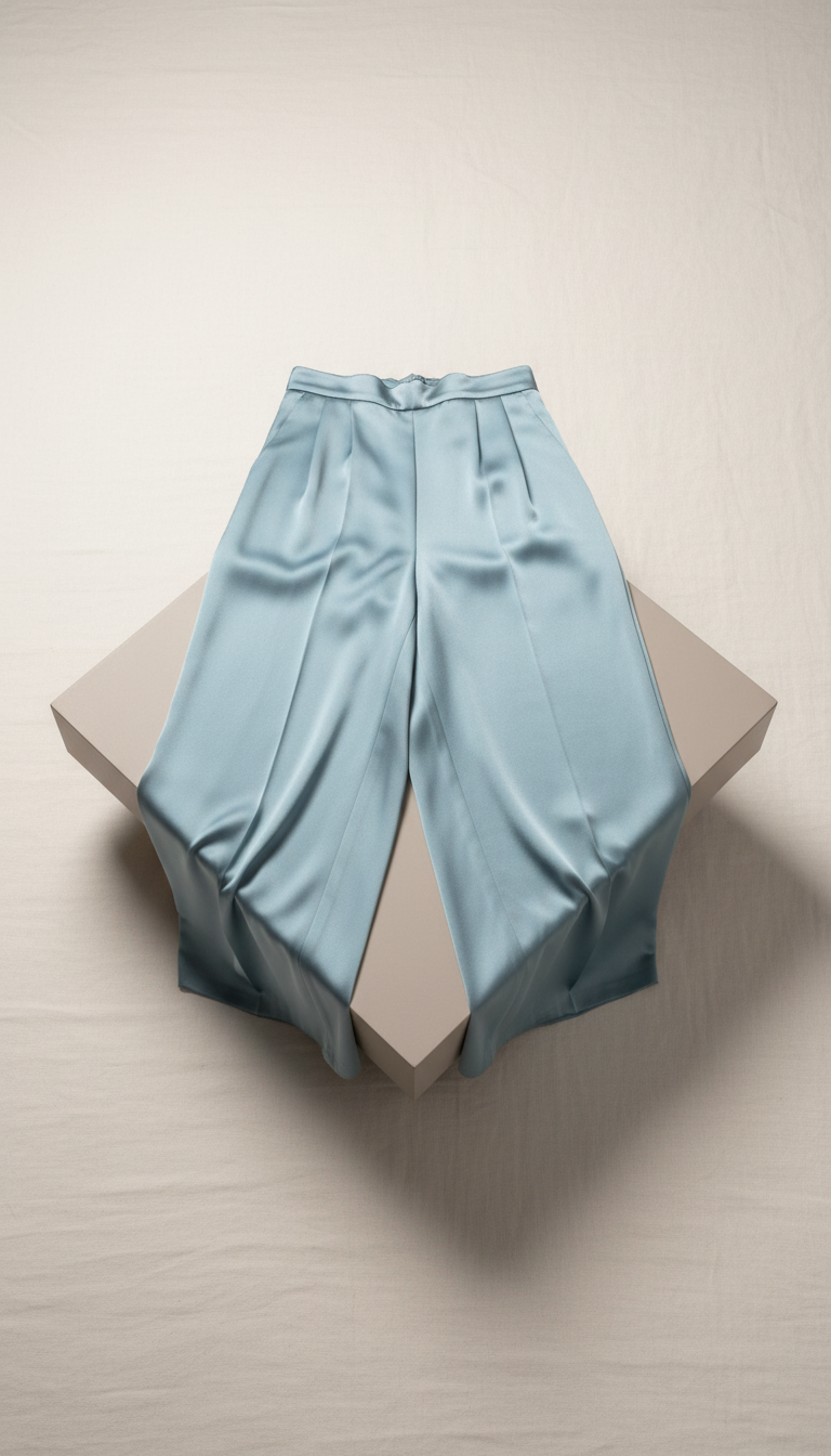 Mist Blue Silk Wide-Leg Trousers